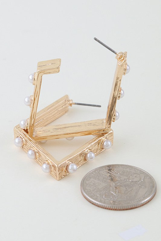 Pearl Studded Box Hoop Earrings-Market Grey Boutique