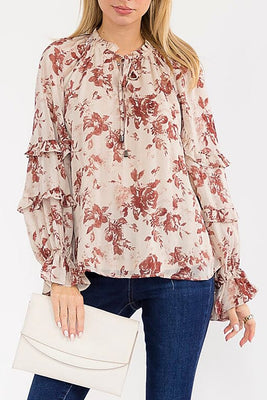 Burgundy Ruffle Floral Print Blouse