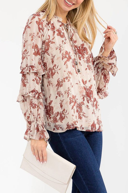 Burgundy Ruffle Floral Print Blouse