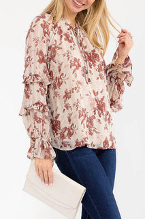 Burgundy Ruffle Floral Print Blouse