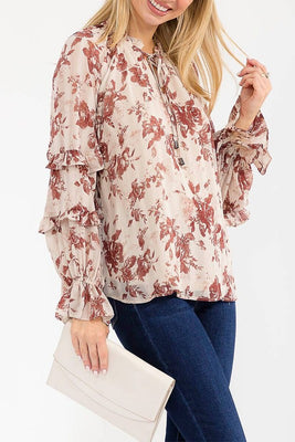 Burgundy Ruffle Floral Print Blouse