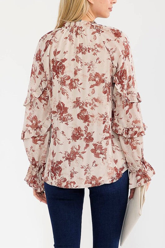Burgundy Ruffle Floral Print Blouse