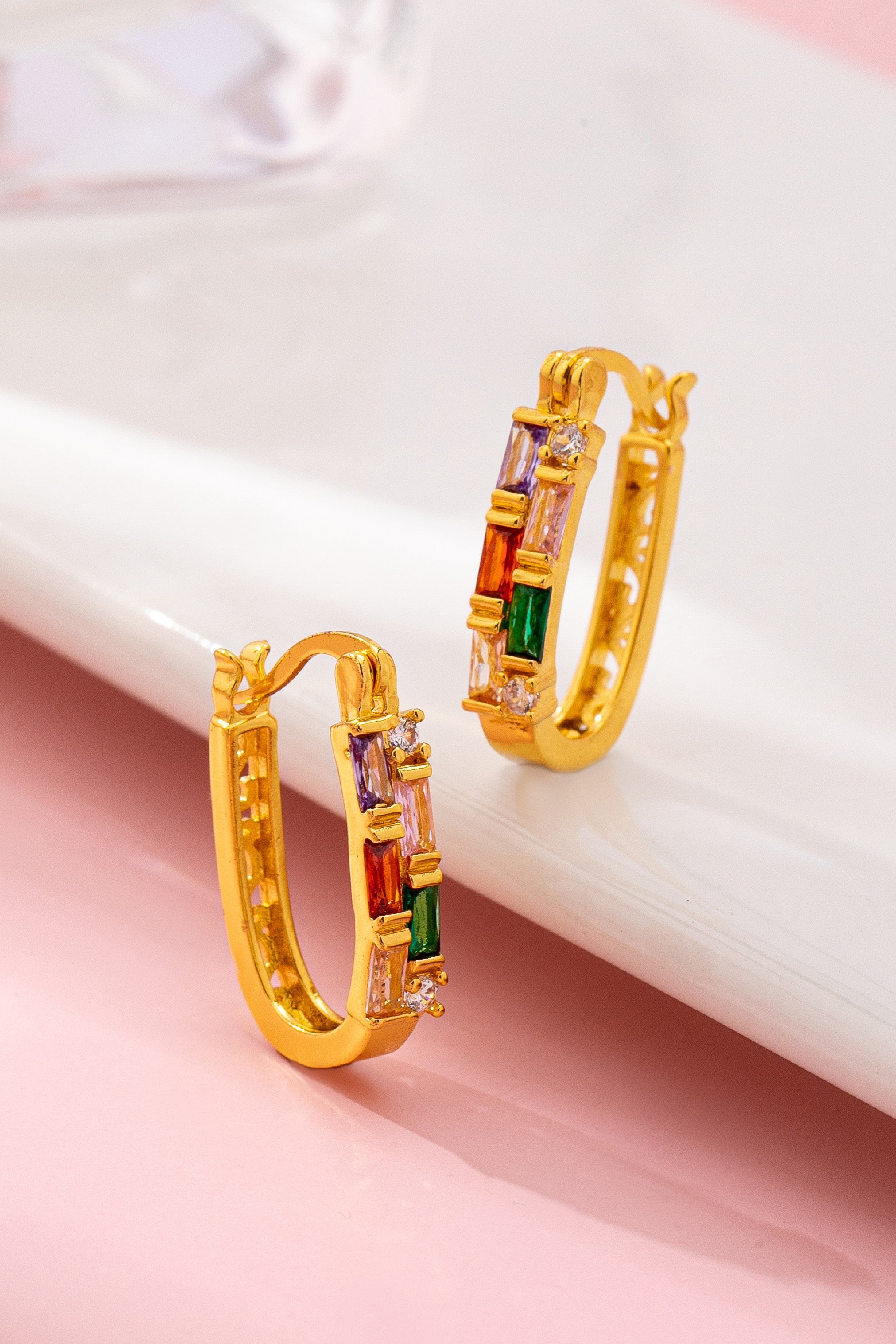 Rainbow Gemstone Bar Hoop Earrings-Market Grey Boutique
