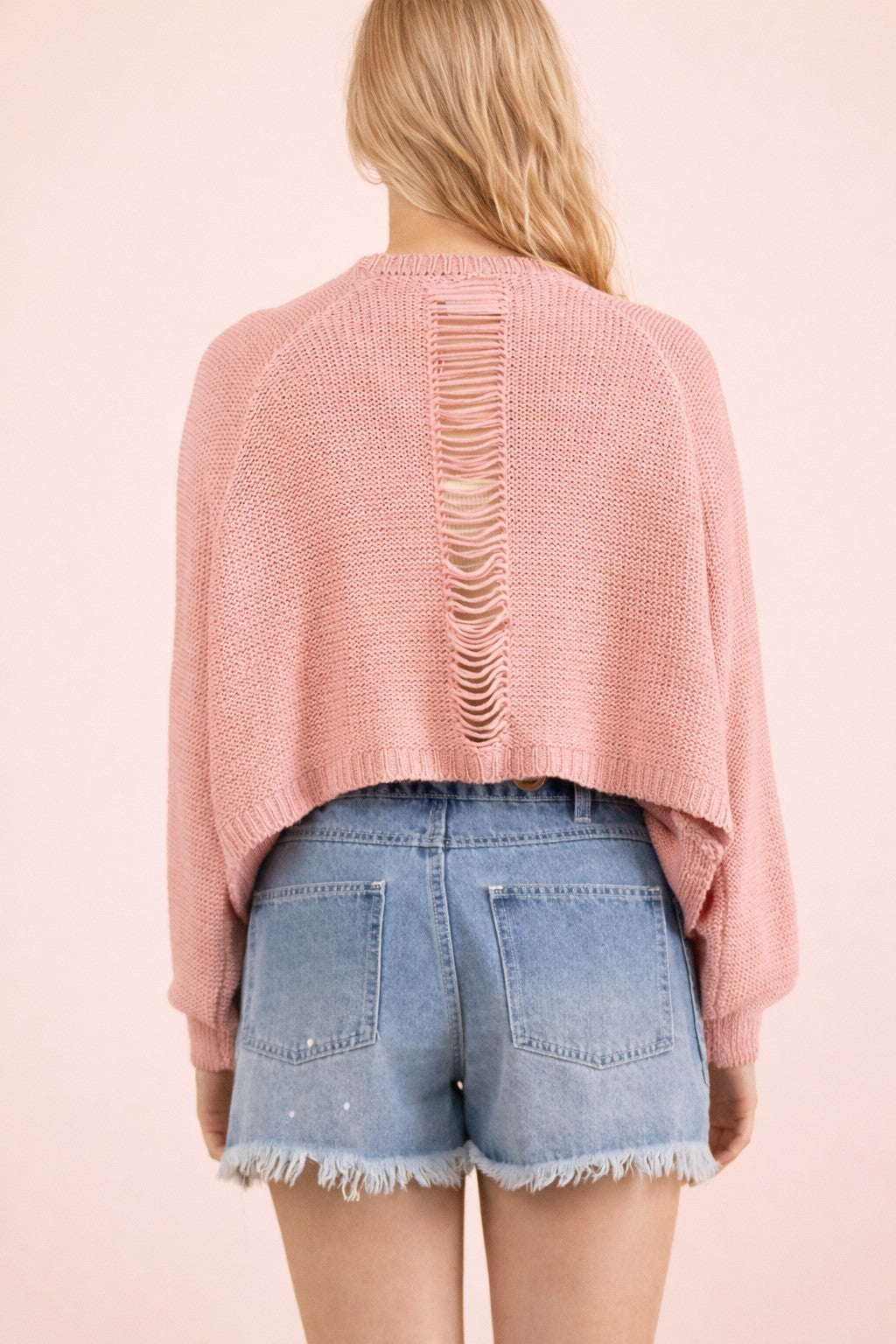 Pink Distressed Back Crop Cardy