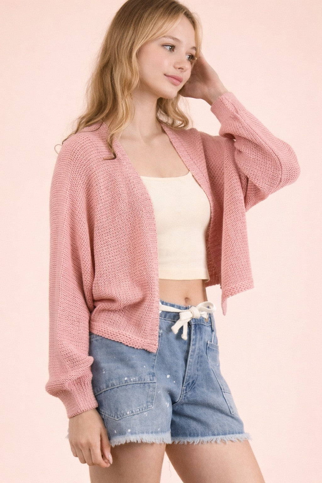 Pink Distressed Back Crop Cardy