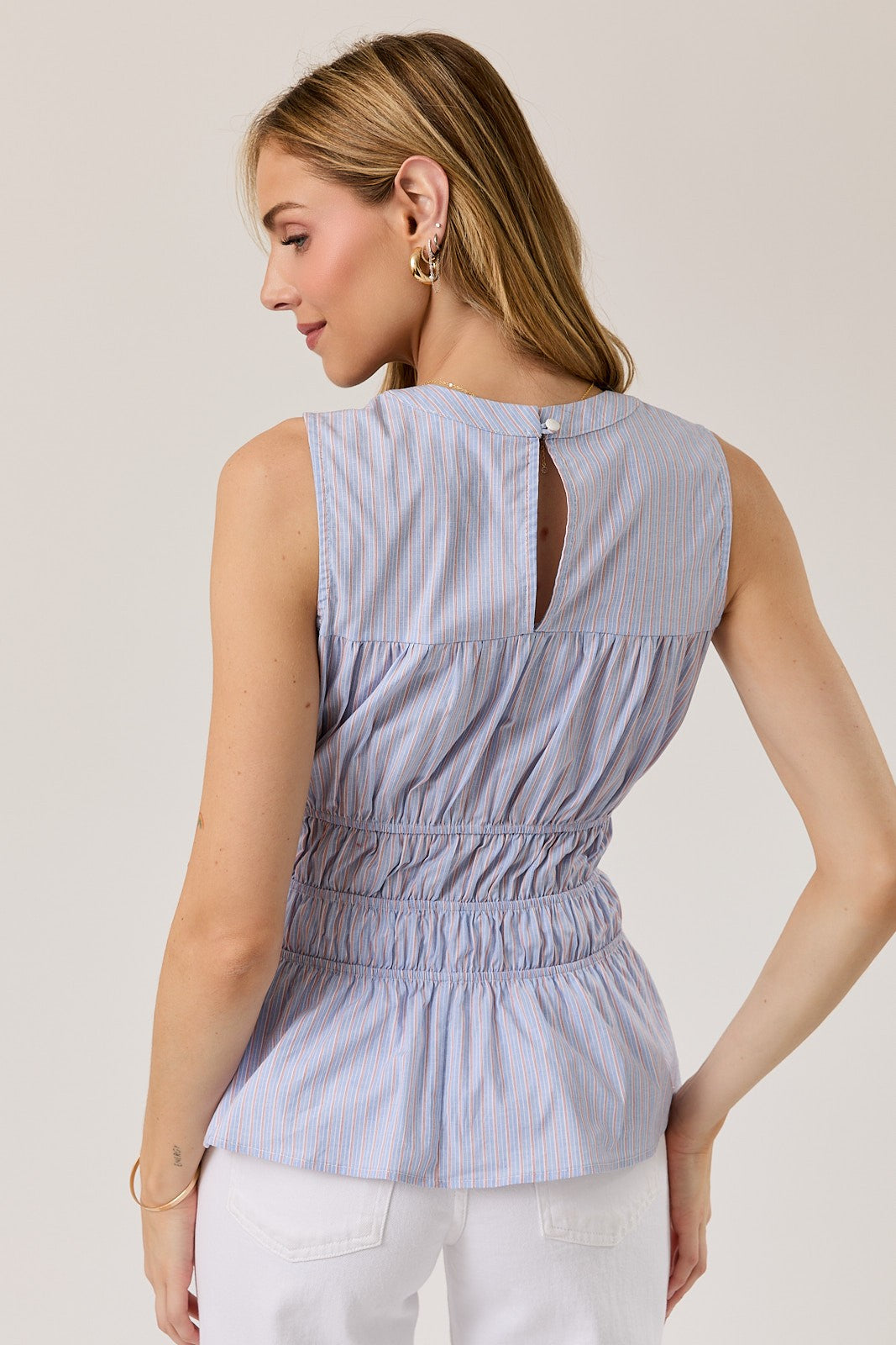 Sky Blue/Red Banded Peplum Blouse-Market Grey Boutique
