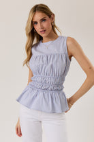 Sky Blue/Red Banded Peplum Blouse-Market Grey Boutique