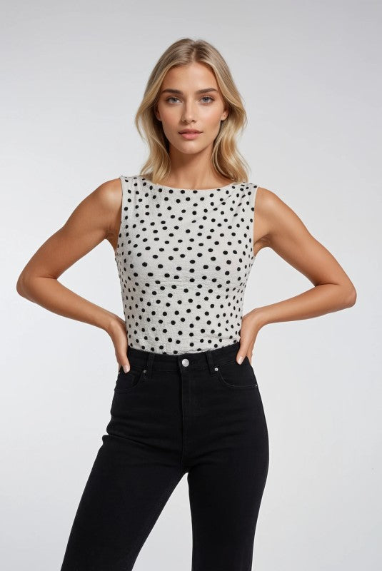 B/W Polka Dot Sleeveless Top-Market Grey Boutique