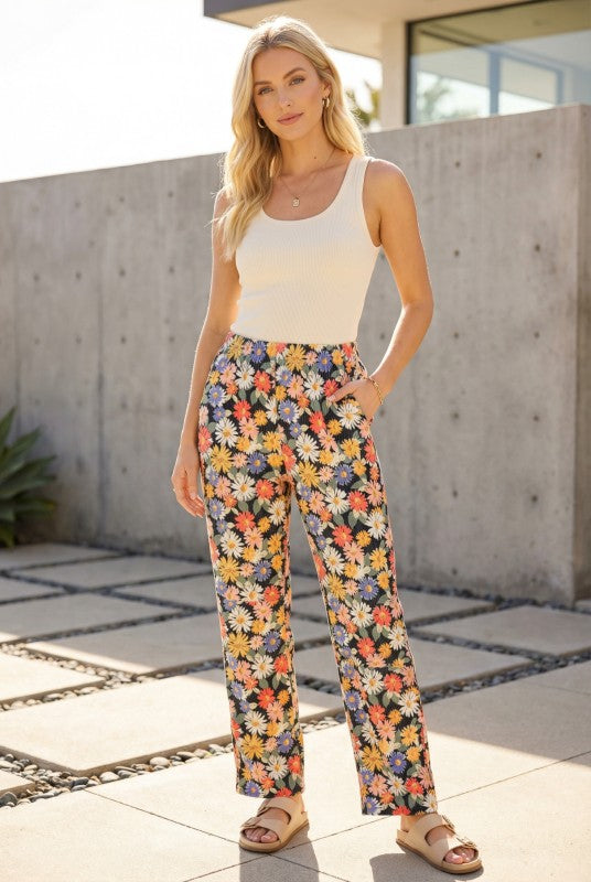 Daisy Bloom Ribbed Wide-leg Pants-Market Grey Boutique