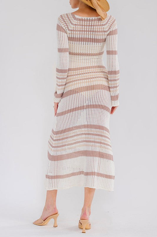 Mocha Colorblock Striped Crochet Bodycon Maxi Dress