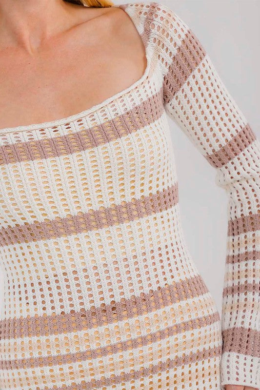 Mocha Colorblock Striped Crochet Bodycon Maxi Dress