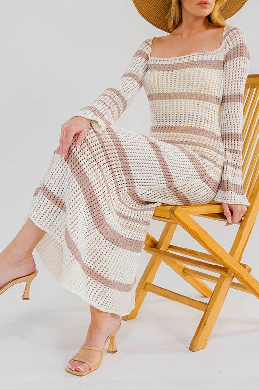 Mocha Colorblock Striped Crochet Bodycon Maxi Dress