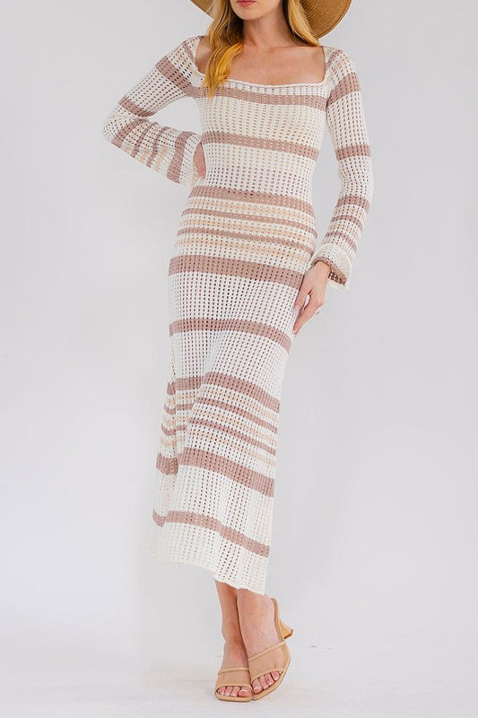 Mocha Colorblock Striped Crochet Bodycon Maxi Dress