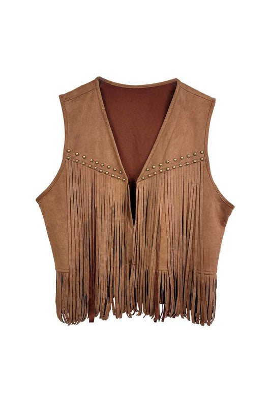 Camel Western Studded Fringe Open Front Vest