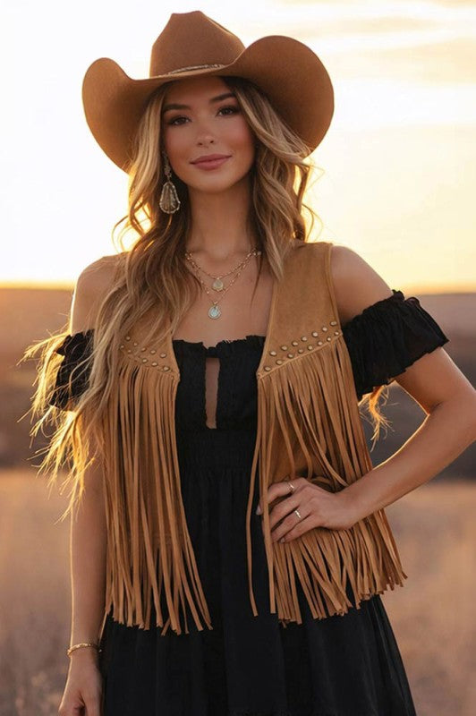 Camel Western Studded Fringe Open Front Vest