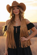 Camel Western Studded Fringe Open Front Vest