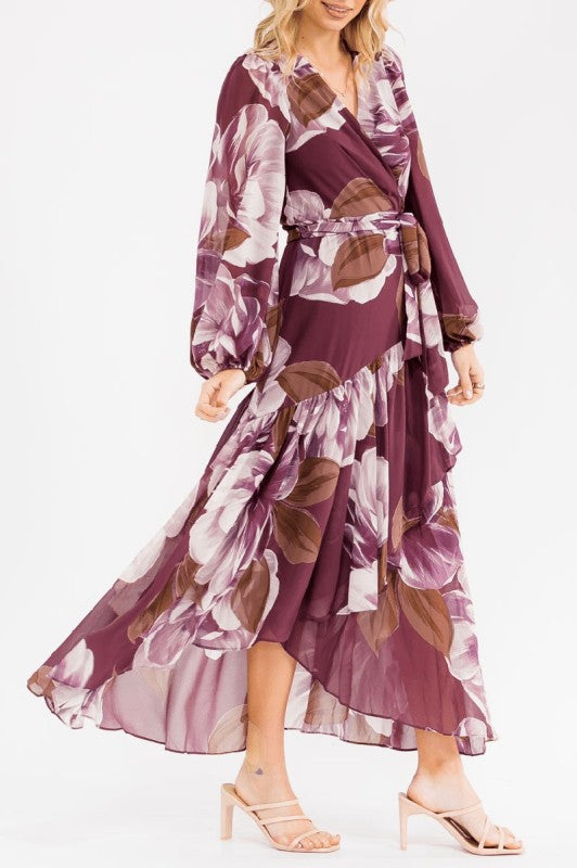 Plum Floral Wrap Maxi Dress-Market Grey Boutique
