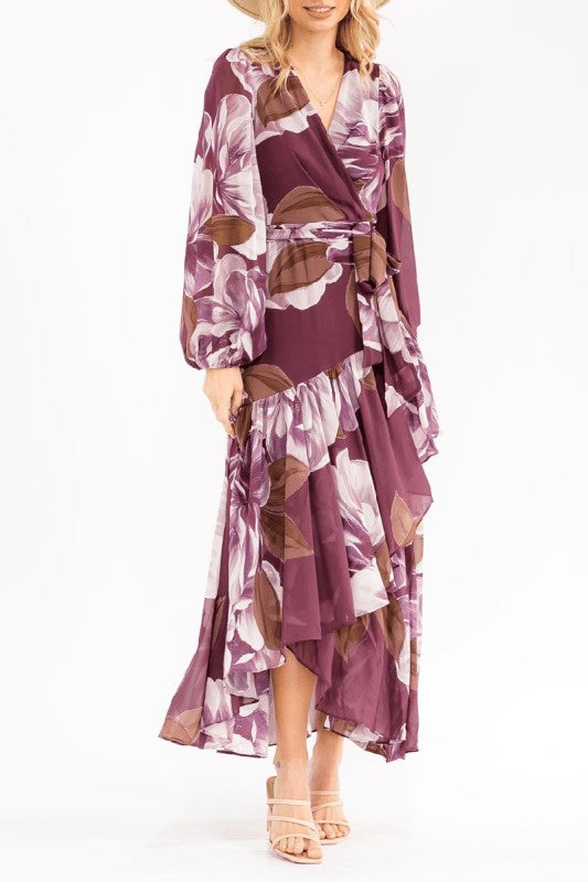 Plum Floral Wrap Maxi Dress-Market Grey Boutique