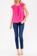 Fuchsia Short Sleeve Crochet Ruffle Blouse