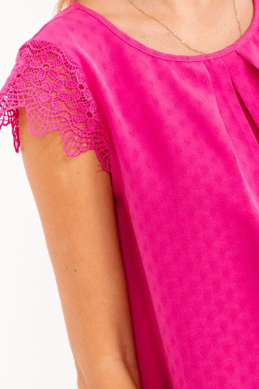 Fuchsia Short Sleeve Crochet Ruffle Blouse