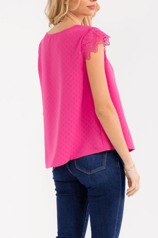 Fuchsia Short Sleeve Crochet Ruffle Blouse
