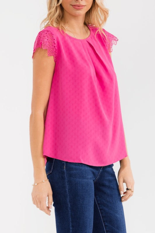 Fuchsia Short Sleeve Crochet Ruffle Blouse