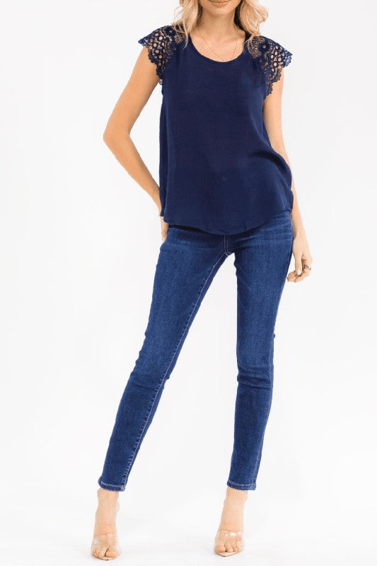 Navy Short Sleeve Crochet Sleeve Button Back Blouse