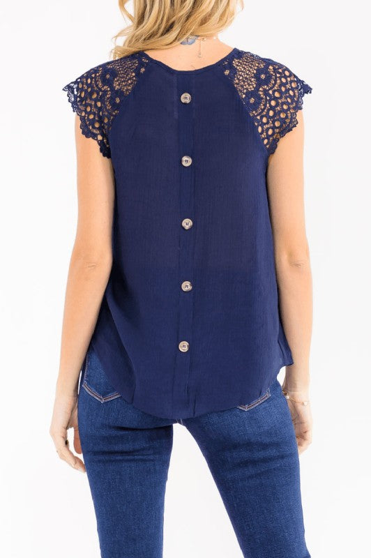Navy Short Sleeve Crochet Sleeve Button Back Blouse