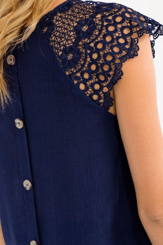 Navy Short Sleeve Crochet Sleeve Button Back Blouse