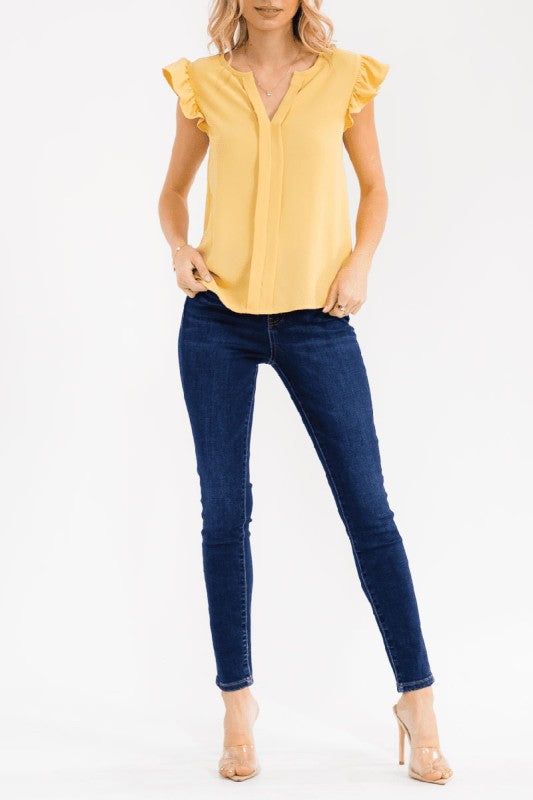 Mustard Ruffle Sleeve V-neck Blouse