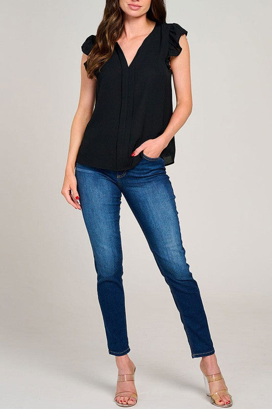 Black Ruffle Sleeve V-neck Blouse