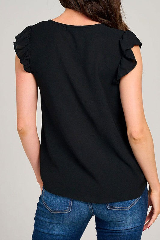 Black Ruffle Sleeve V-neck Blouse