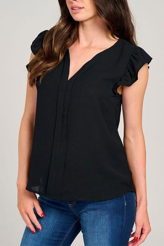 Black Ruffle Sleeve V-neck Blouse