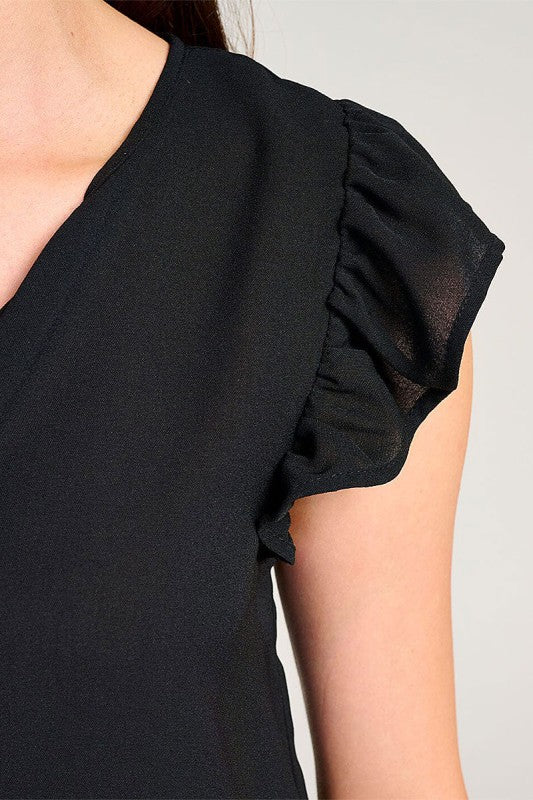 Black Ruffle Sleeve V-neck Blouse