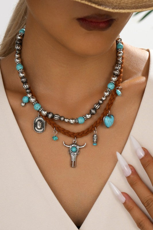 Turquoise Heart & Bull Head Necklace-Market Grey Boutique