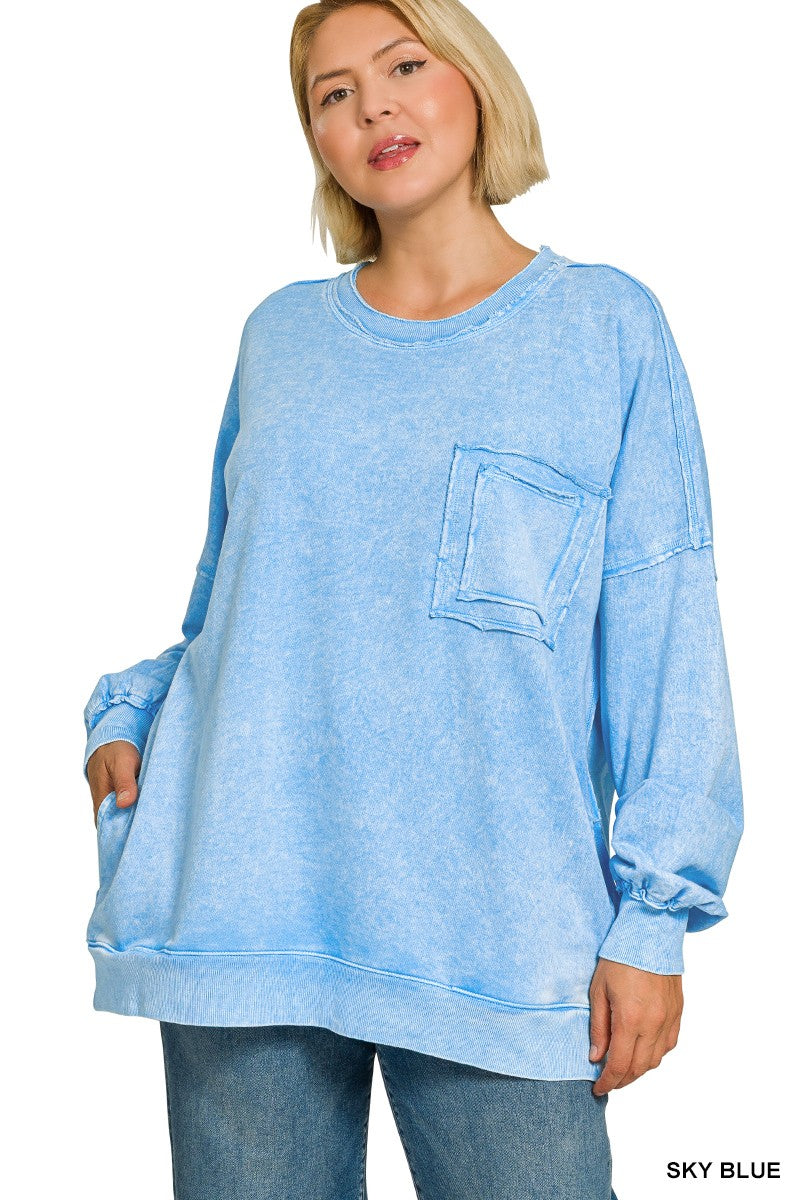 Sky Blue Halo Washed Exposed Seam Curvy Sweatshirt