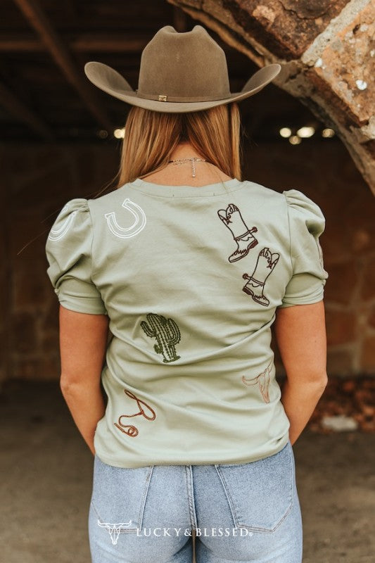 Sage Western Embroidered Puff Sleeve Top