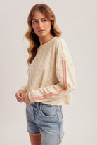 Tropical French Terry Stripe Sleeve Top-Market Grey Boutique