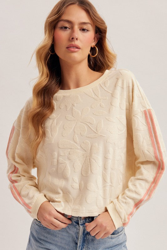 Tropical French Terry Stripe Sleeve Top-Market Grey Boutique