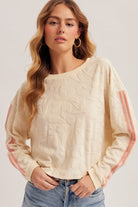 Tropical French Terry Stripe Sleeve Top-Market Grey Boutique
