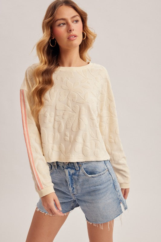 Tropical French Terry Stripe Sleeve Top-Market Grey Boutique