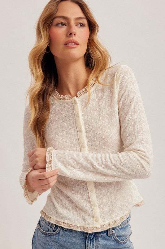 Ivory Floral Contrast Fitted Cardigan-Market Grey Boutique