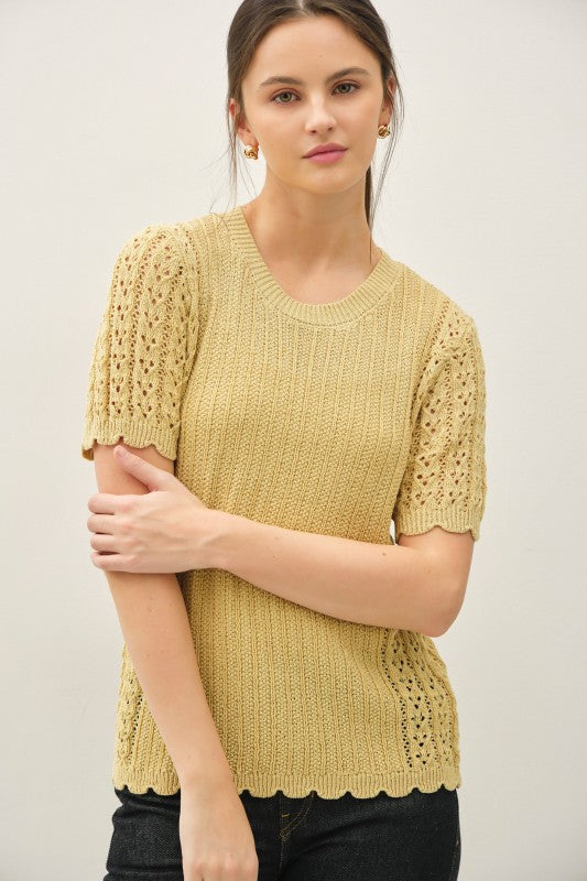 Buttermilk Short Sleeve Scallop Sweater-Market Grey Boutique