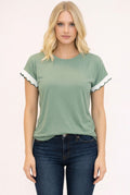 Sage Scalloped Sleeve Contrast Trim Tee