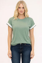 Sage Scalloped Sleeve Contrast Trim Tee-Market Grey Boutique