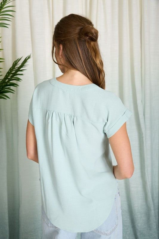 Mint Cuffed Button Down Top