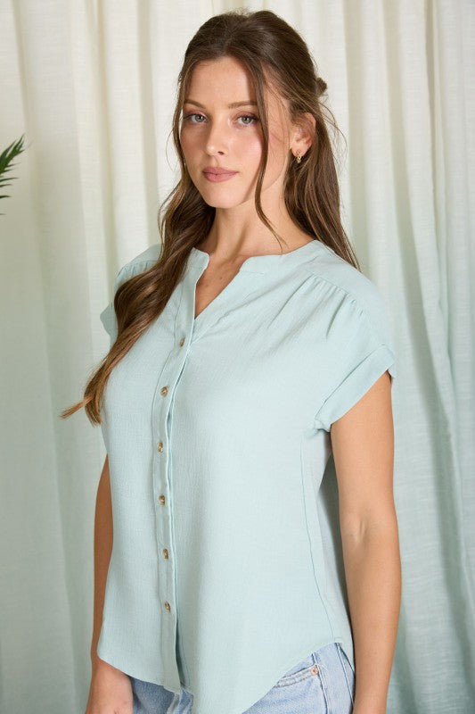 Mint Cuffed Button Down Top