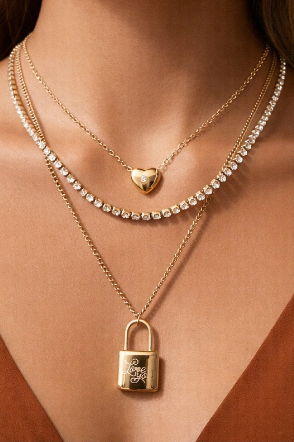 CZ Accent Layered Lock Necklace-Market Grey Boutique
