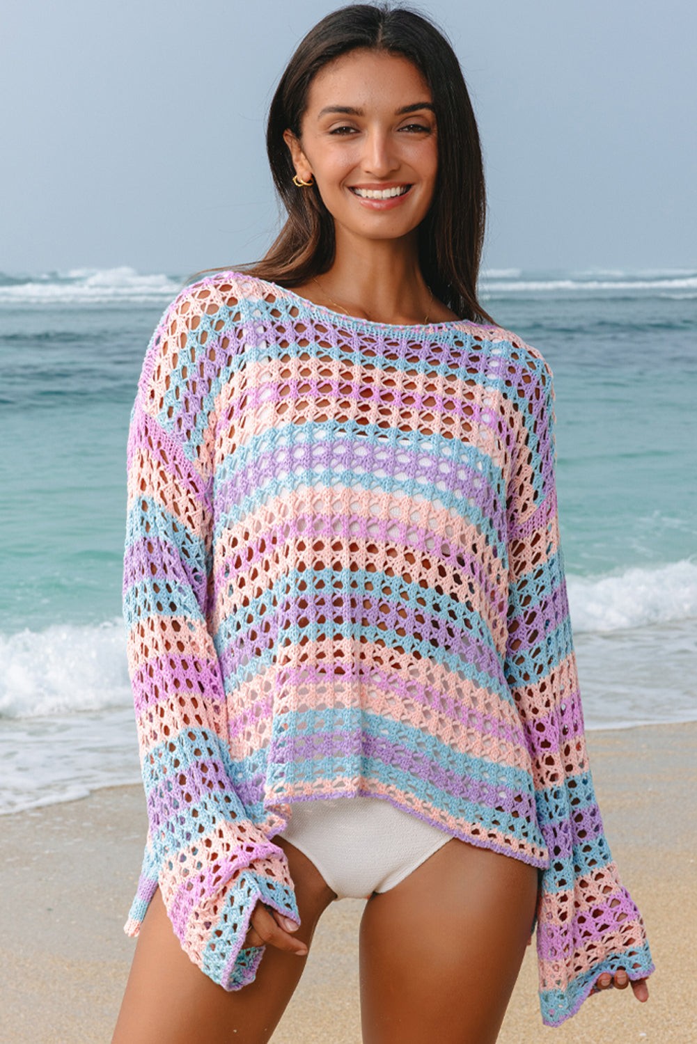 Open Knit Rainbow Stripe Sweater-Market Grey Boutique