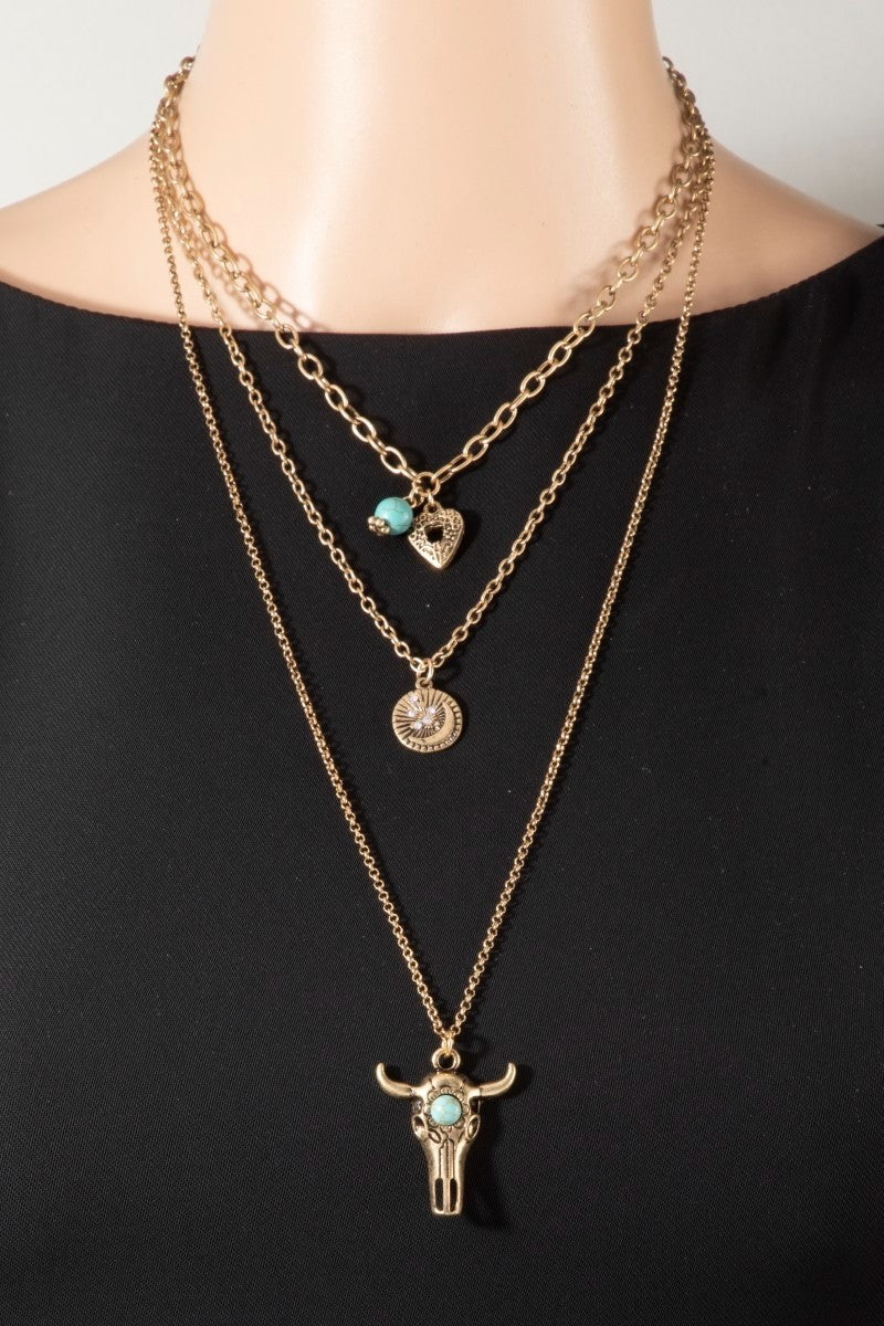 Gold Bull Skull Western Layer Necklace
